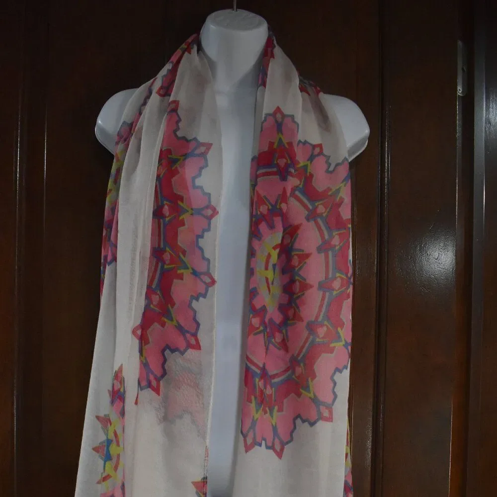 Boho Floral Tassel Scarf Shawl Red Pink White Sheer Lightweight Gypsy Chic